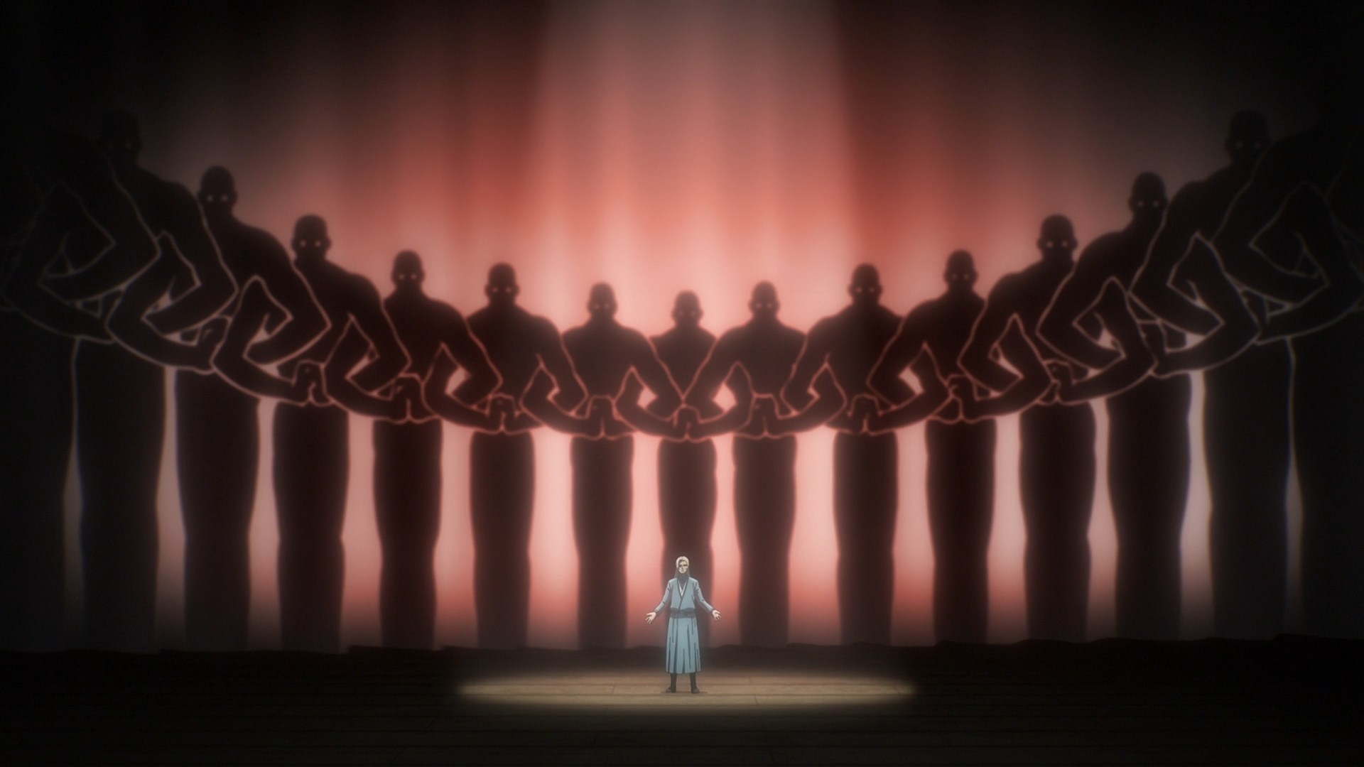 Theaterical play by Willy Tybur, with the silhouette of Colossal Titans as the backdrop.